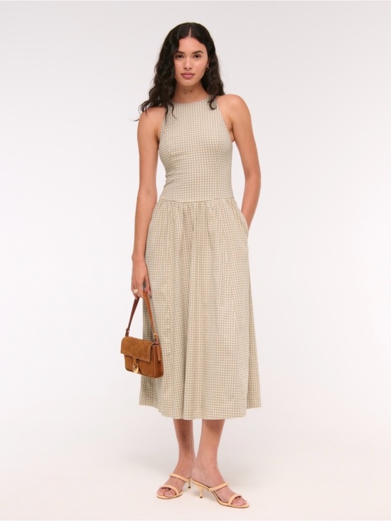 Abercrombie & Fitch Dresses & Skirts - NWT Abercrombie & Fitch High Neck Drop Waist Midi Dress Light Brown Check Med